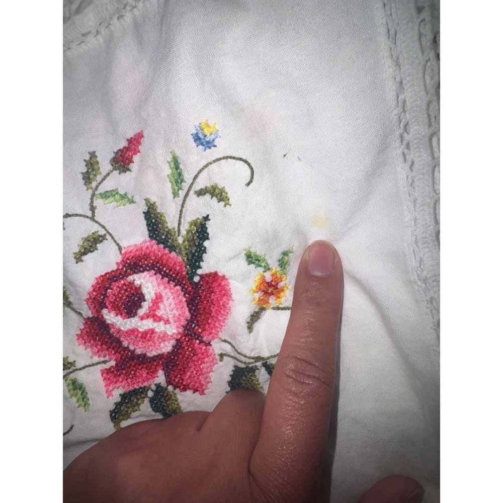 Vtg Cross Stitch Rose Crochet Lace Patchwork Tablecloth White 86x72 Cottagecore - Picture 4 of 6